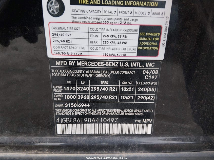 2008 Mercedes-Benz Gl 550 4Matic VIN: 4JGBF86E98A410497 Lot: 44762641