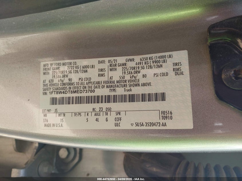 2021 FORD F-450 (VIN: 1FT8W4DT8MED73700