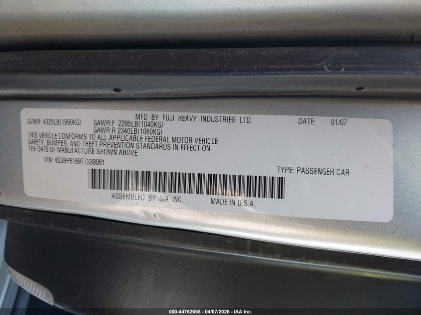 2007 Subaru Legacy 2.5I VIN: 4S3BP616977339061 Lot: 44762658