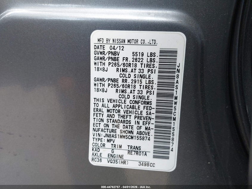 2012 Infiniti Fx35 VIN: JN8AS1MW5CM155874 Lot: 44762757