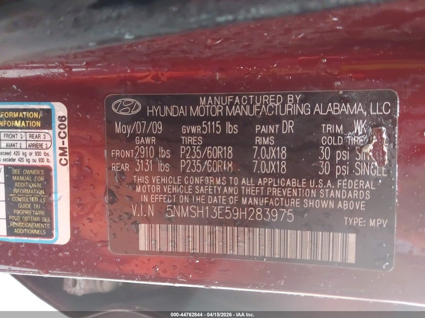 2009 Hyundai Santa Fe Limited VIN: 5NMSH13E59H283975 Lot: 44762844
