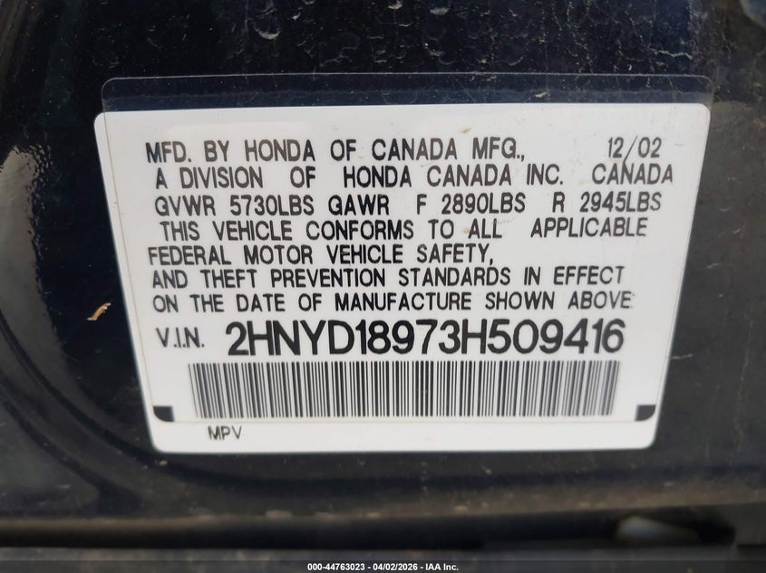 2003 Acura Mdx VIN: 2HNYD18973H509416 Lot: 44763023