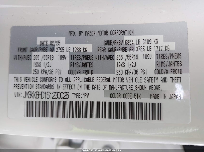 2025 Mazda Cx-90 3.3 Turbo Preferred Package VIN: JM3KKBHD1S1230026 Lot: 44763105