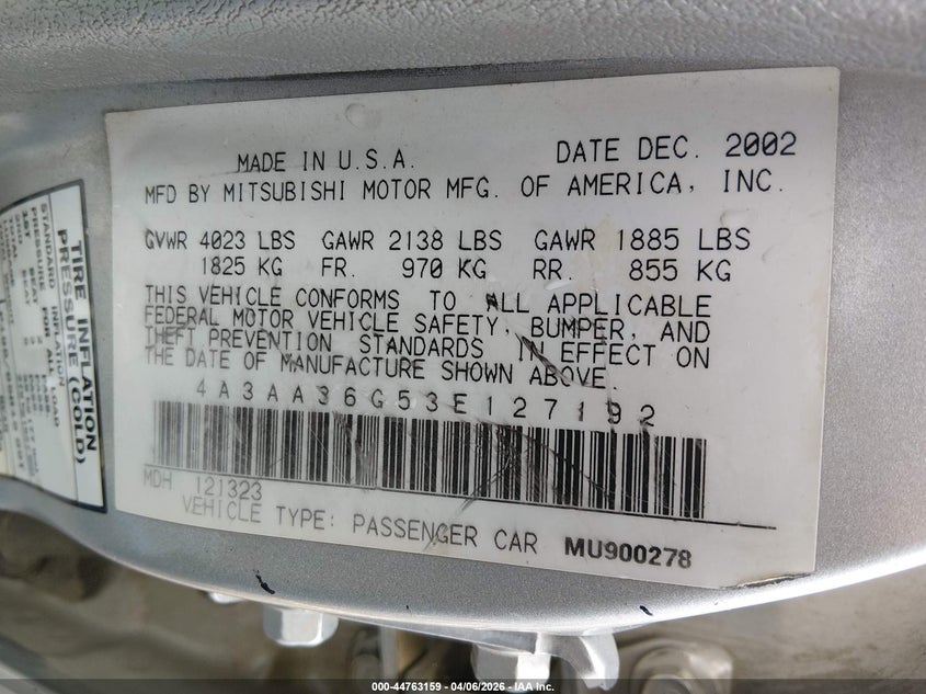 2003 Mitsubishi Galant De VIN: 4A3AA36G53E127192 Lot: 44763159