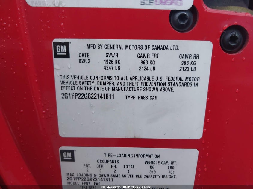 2002 Chevrolet Camaro Z28 VIN: 2G1FP22G822141811 Lot: 44763215