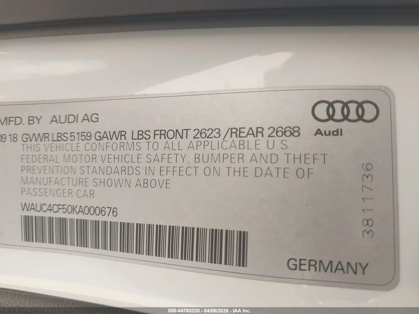 2019 Audi S5 3.0T Premium VIN: WAUC4CF50KA000676 Lot: 44763230
