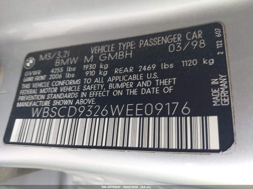 1998 BMW M3 VIN: WBSCD9326WEE09176 Lot: 44763247