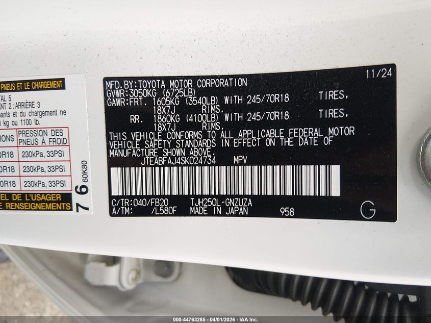 2025 Toyota Land Cruiser 1958 VIN: JTEABFAJ4SK024734 Lot: 44763285