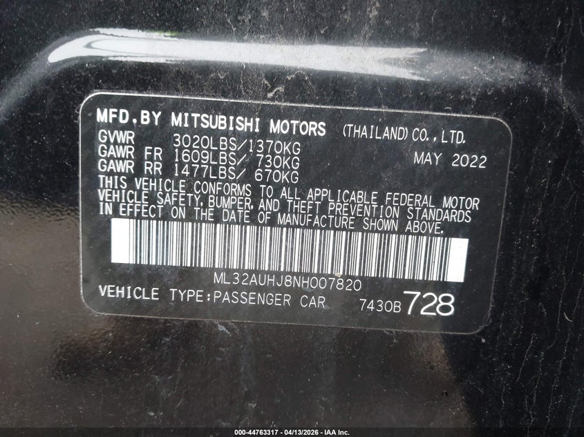 2022 Mitsubishi Mirage Es/Le VIN: ML32AUHJ8NH007820 Lot: 44763317