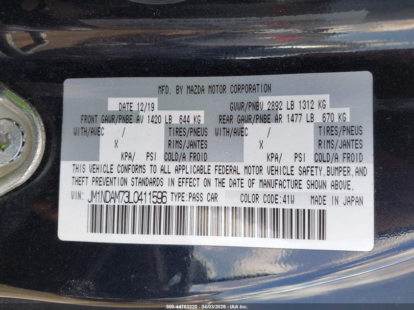 2020 Mazda Mx-5 Miata Rf Grand Touring VIN: JM1NDAM73L0411596 Lot: 44763320