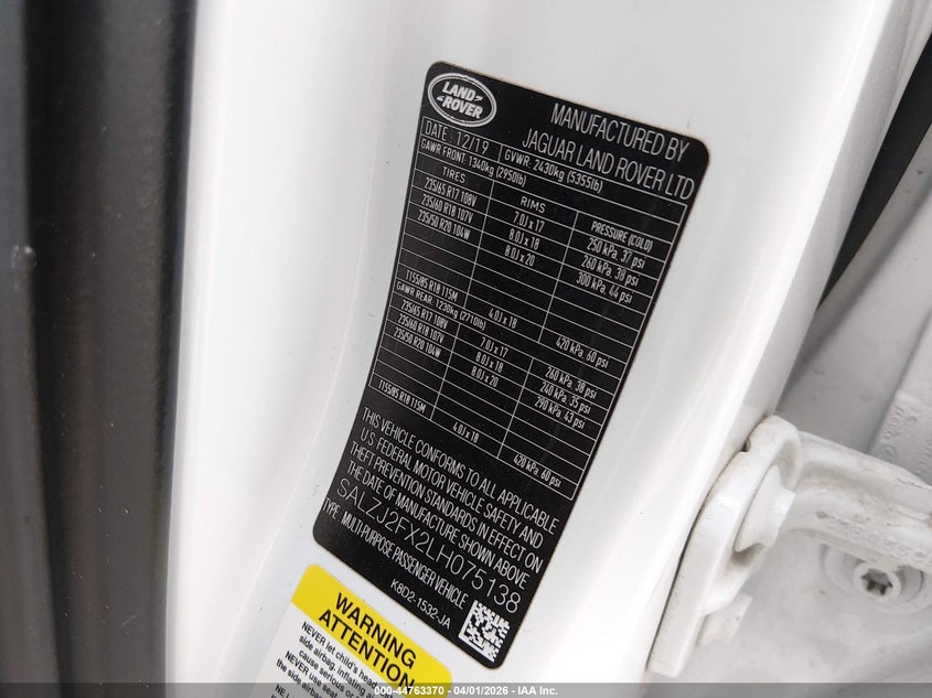 2020 Land Rover Range Rover Evoque S VIN: SALZJ2FX2LH075138 Lot: 44763370