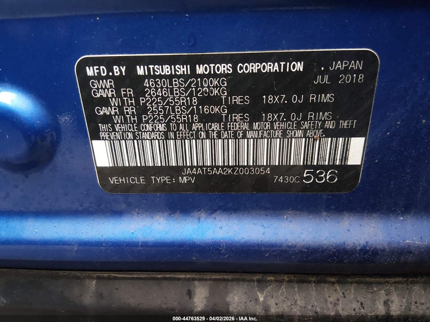 2019 Mitsubishi Eclipse Cross Se VIN: JA4AT5AA2KZ003054 Lot: 44763529