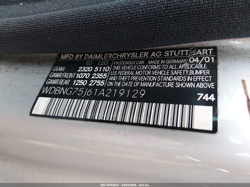 2001 Mercedes-Benz S 500 VIN: WDBNG75J61A219129 Lot: 44763621