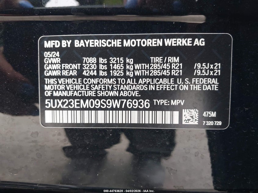 2025 BMW X7 xDrive40I VIN: 5UX23EM09S9W76936 Lot: 44763628