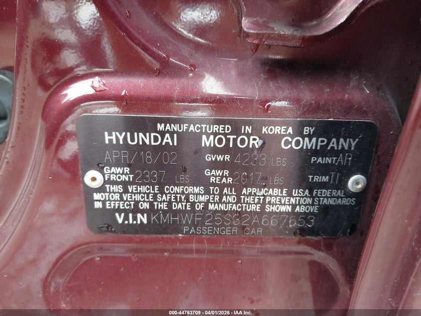 2002 Hyundai Sonata VIN: KMHWF25S32A667653 Lot: 44763709