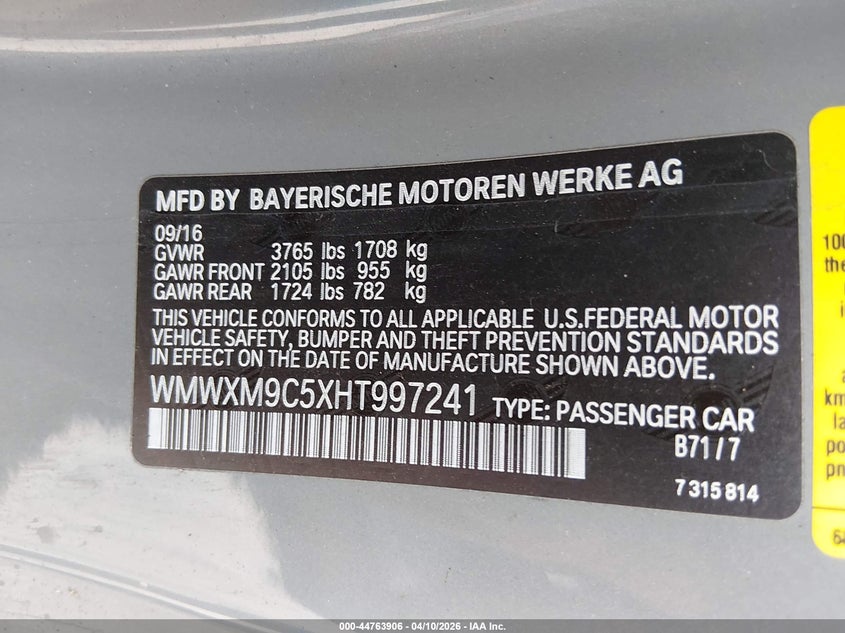 2017 Mini Hardtop John Cooper Works VIN: WMWXM9C5XHT997241 Lot: 44763906