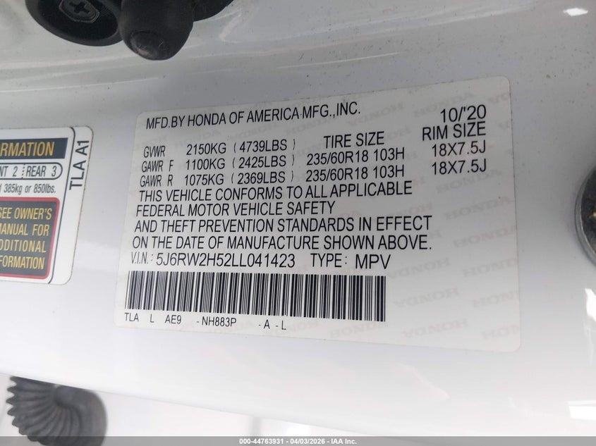 VIN 5J6RW2H52LL041423 2020 HONDA CR-V AWD EX