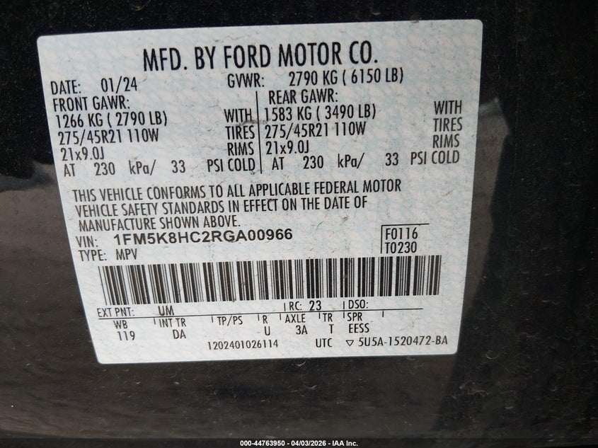 VIN 1FM5K8HC2RGA00966 2024 FORD EXPLORER PLATINUM