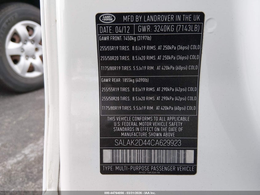 2012 Land Rover Lr4 VIN: SALAK2D44CA629923 Lot: 44764056