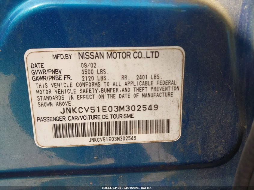 2003 Infiniti G35 Luxury Leather VIN: JNKCV51E03M302549 Lot: 44764100