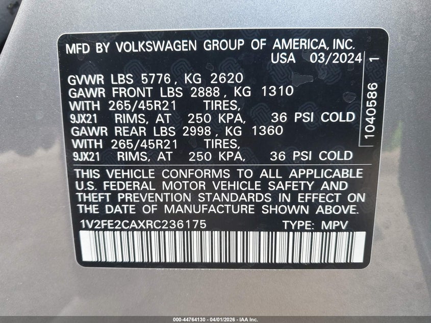 2024 Volkswagen Atlas Cross Sport 2.0T Sel Premium R-Line VIN: 1V2FE2CAXRC236175 Lot: 44764130