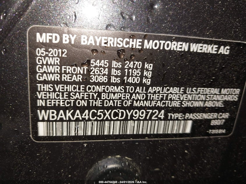 2012 BMW 740I VIN: WBAKA4C5XCDY99724 Lot: 44764248