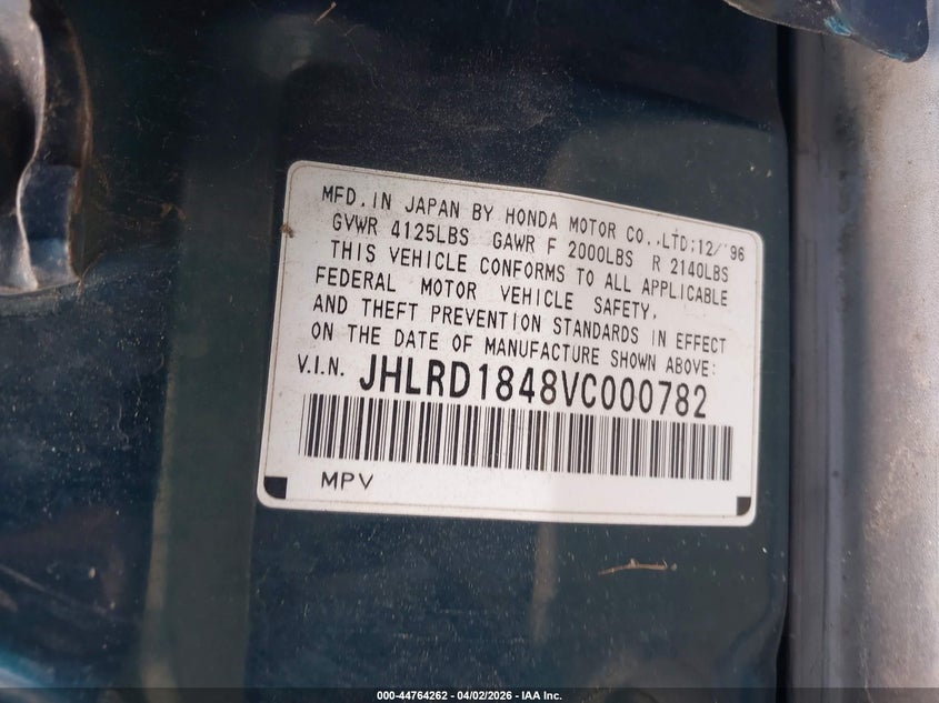 1997 Honda Cr-V VIN: JHLRD1848VC000782 Lot: 44764262