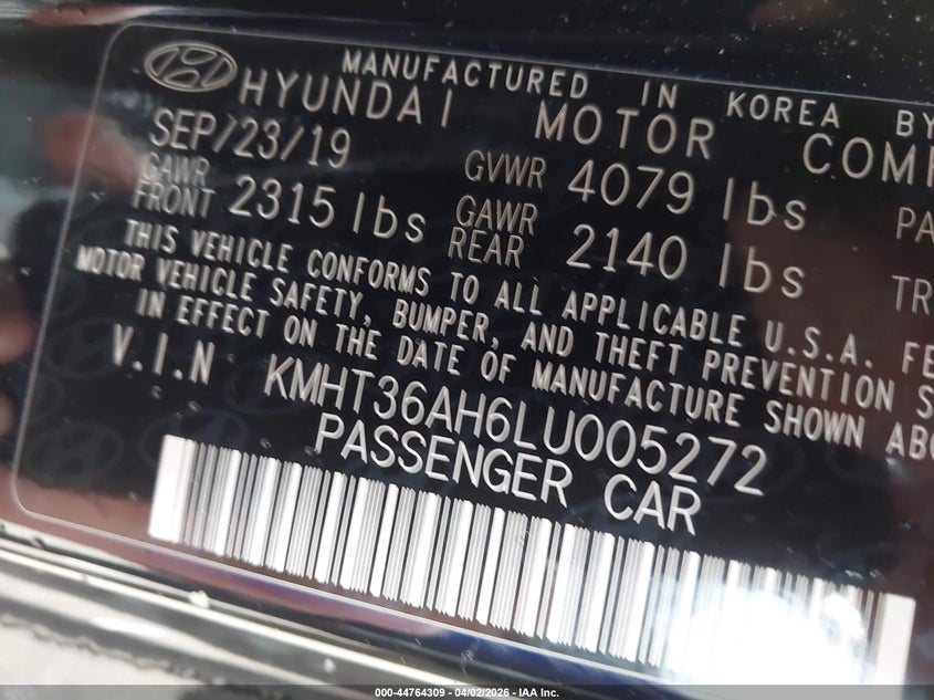 2020 Hyundai Veloster N VIN: KMHT36AH6LU005272 Lot: 44764309