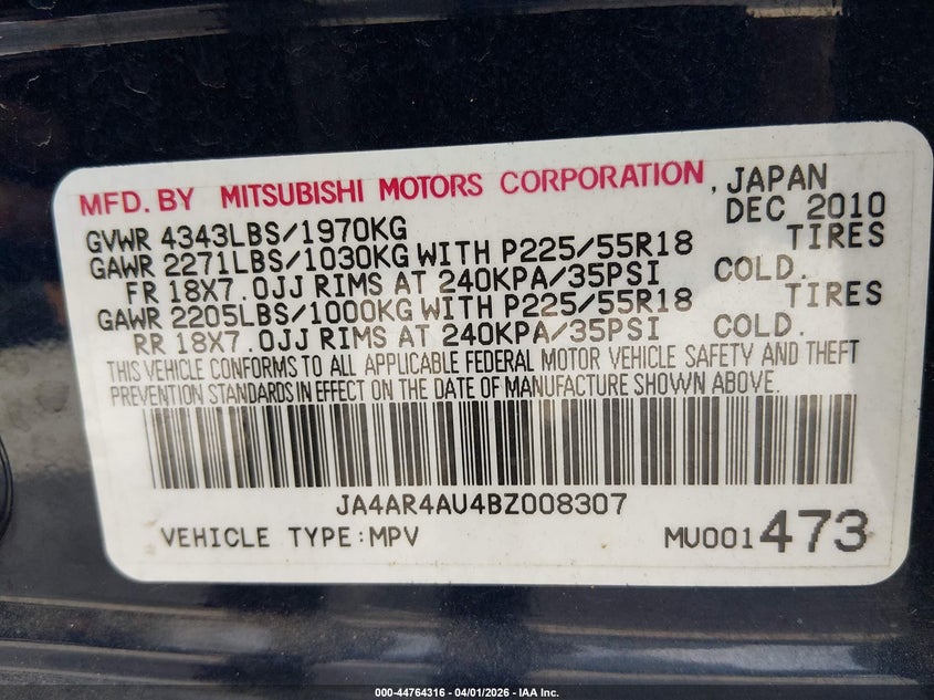 2011 Mitsubishi Outlander Sport Se VIN: JA4AR4AU4BZ008307 Lot: 44764316