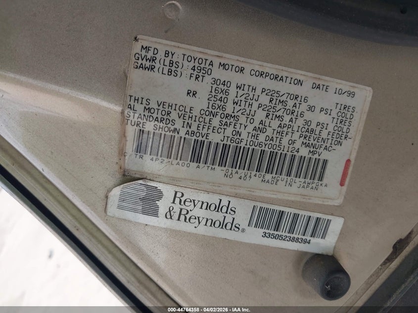 2000 Lexus Rx 300 VIN: JT6GF10U6Y0051124 Lot: 44764358