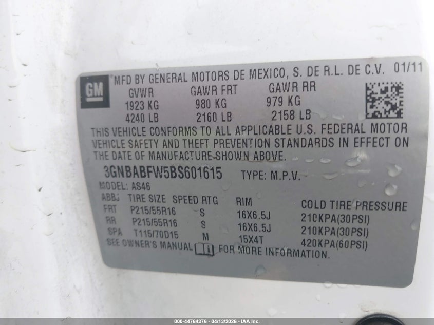 2011 Chevrolet Hhr Lt VIN: 3GNBABFW5BS601615 Lot: 44764376