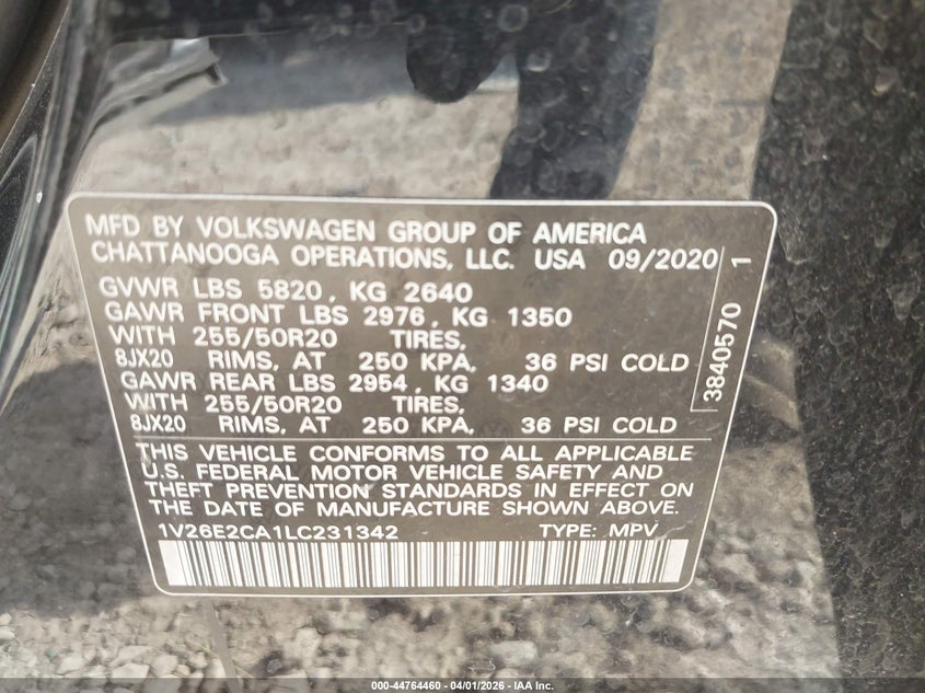 2020 Volkswagen Atlas Cross Sport 3.6L V6 Se W/Technology/3.6L V6 Se W/Technology R-Line VIN: 1V26E2CA1LC231342 Lot: 44764460