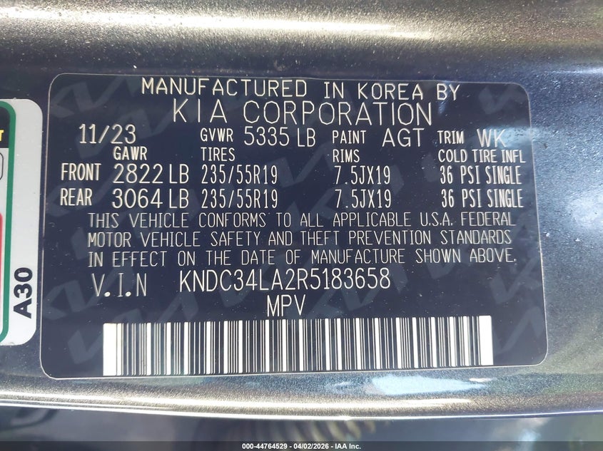 2024 Kia Ev6 Wind VIN: KNDC34LA2R5183658 Lot: 44764529