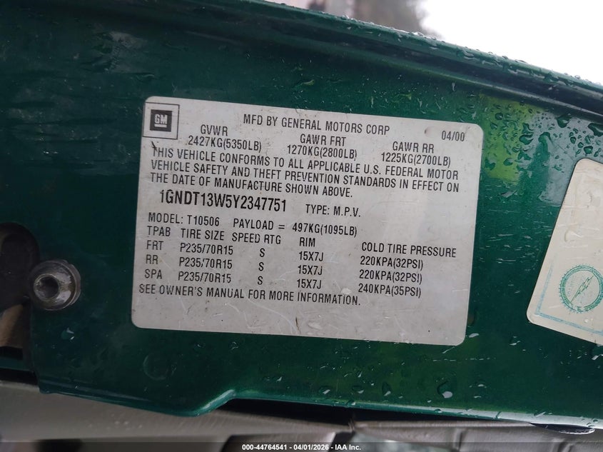 2000 Chevrolet Blazer Lt VIN: 1GNDT13W5Y2347751 Lot: 44764541