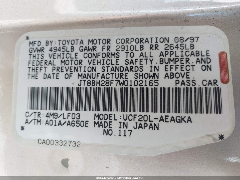 1998 Lexus Ls 400 VIN: JT8BH28F7W0102165 Lot: 44764558