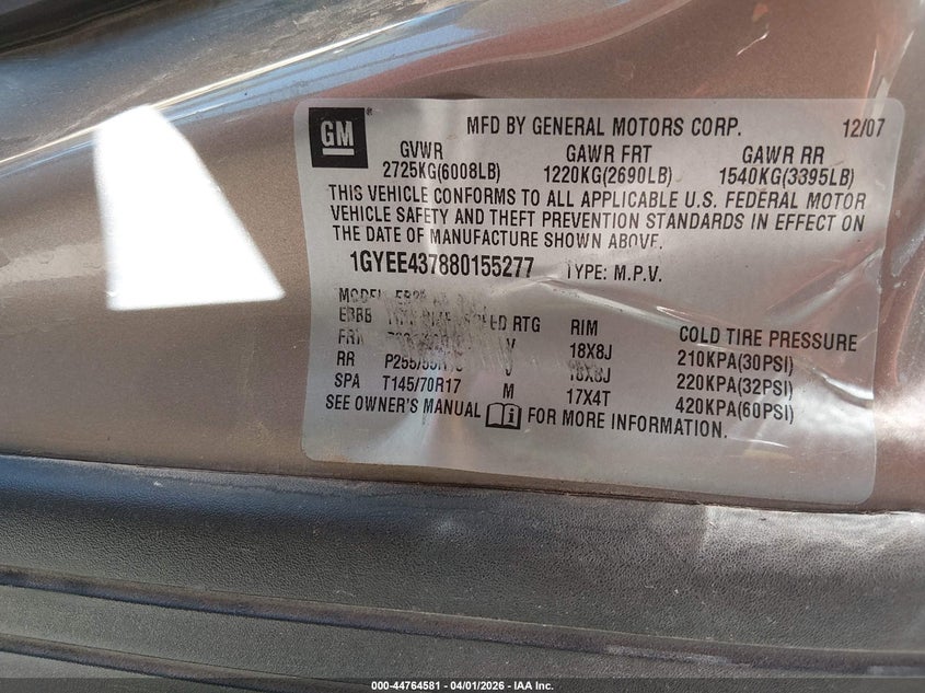 2008 Cadillac Srx V6 VIN: 1GYEE437880155277 Lot: 44764581