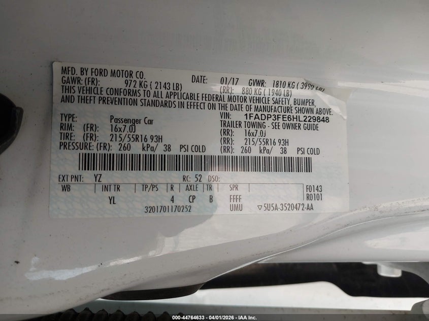 VIN 1FADP3FE6HL229848 2017 FORD FOCUS SE