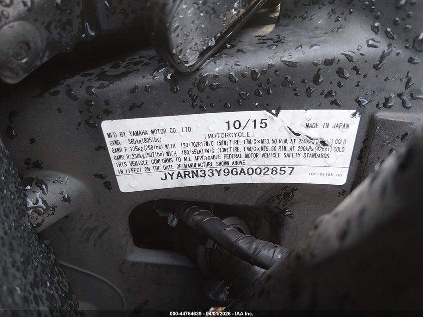 2016 Yamaha Fz09 C VIN: JYARN33Y9GA002857 Lot: 44764639