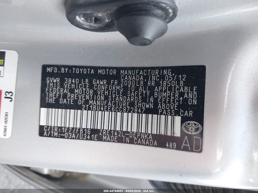 2012 Toyota Corolla 1.8 Le silver Lot 111044764653 Vin 2T1BU4EE6CC872847