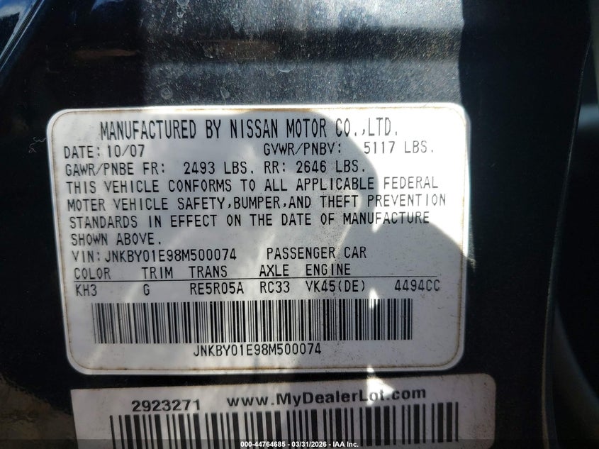 2008 Infiniti M45 VIN: JNKBY01E98M500074 Lot: 44764685