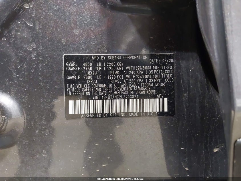 2020 Subaru Outback 2.5 Limited grey Lot 111044764696 Vin 4S4BTANC2L3203821