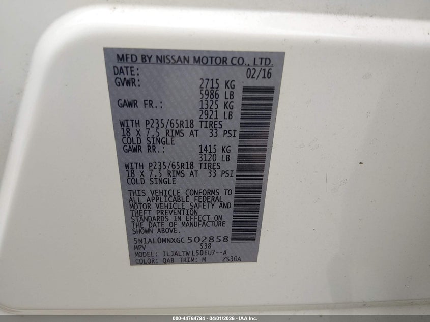 2016 Infiniti Qx60 VIN: 5N1AL0MNXGC502858 Lot: 44764794