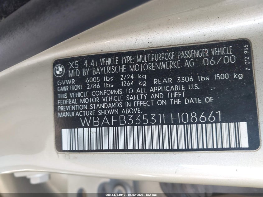 2001 BMW X5 4.4 VIN: WBAFB33531LH08661 Lot: 44764910