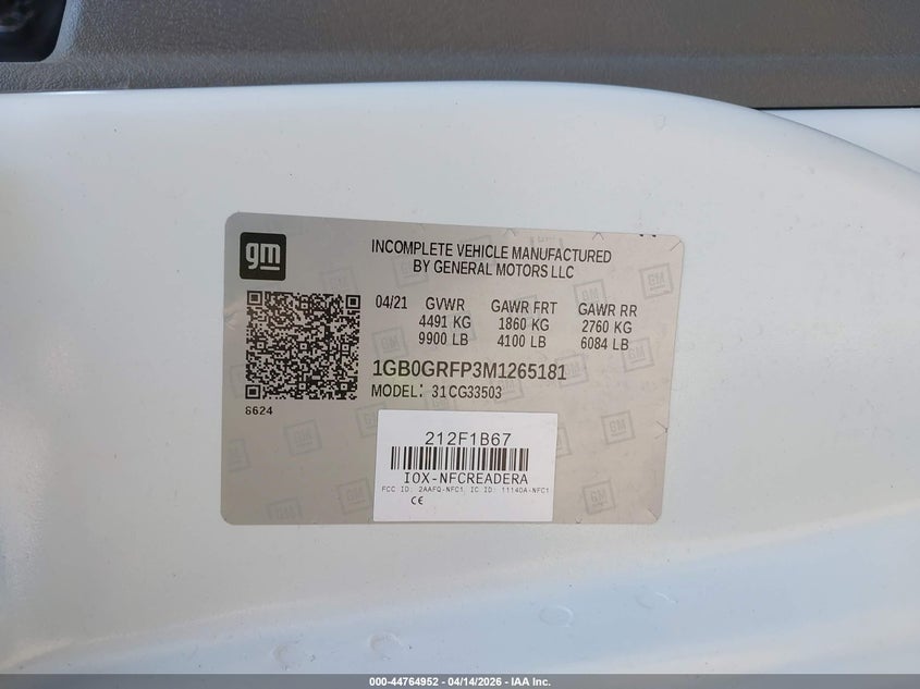 2021 Chevrolet Express Cutaway Work Van VIN: 1GB0GRFP3M1265181 Lot: 44764952