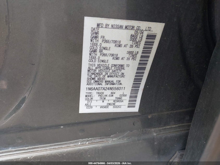 2004 Nissan Titan Le VIN: 1N6AA07A24N556011 Lot: 44764966
