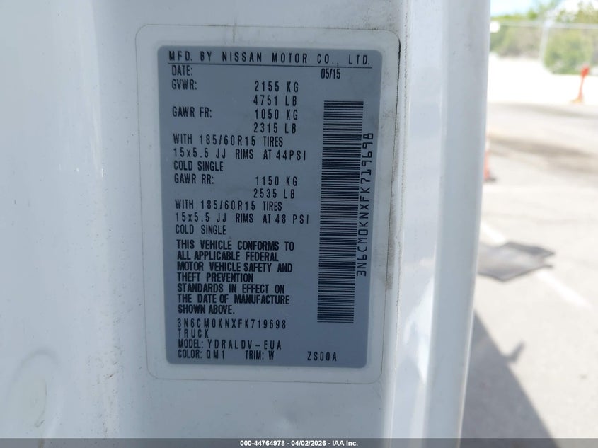 2015 Nissan Nv200 S/Sv VIN: 3N6CM0KNXFK719698 Lot: 44764978