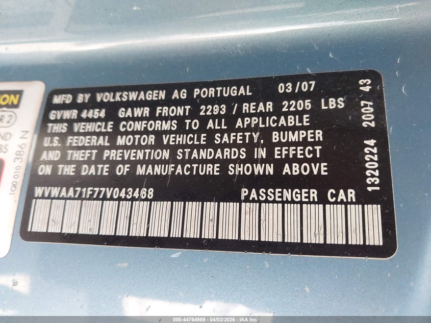 2007 Volkswagen Eos 2.0T VIN: WVWAA71F77V043468 Lot: 44764989