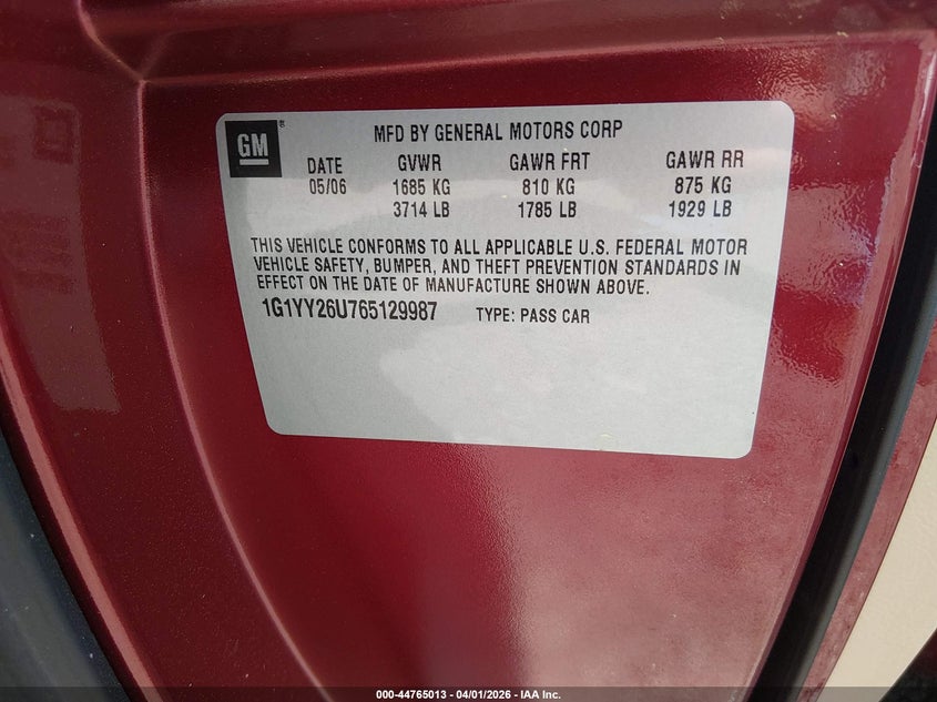 2006 Chevrolet Corvette VIN: 1G1YY26U765129987 Lot: 44765013