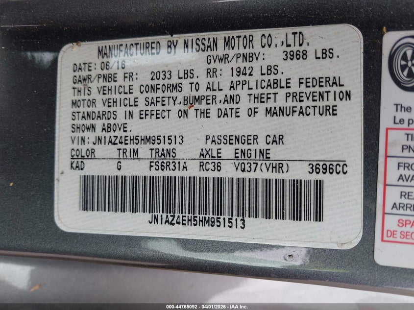 2017 Nissan 370Z Sport Tech VIN: JN1AZ4EH5HM951513 Lot: 44765092