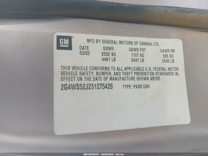 2003 Buick Century Custom VIN: 2G4WS52J231275428 Lot: 44765107